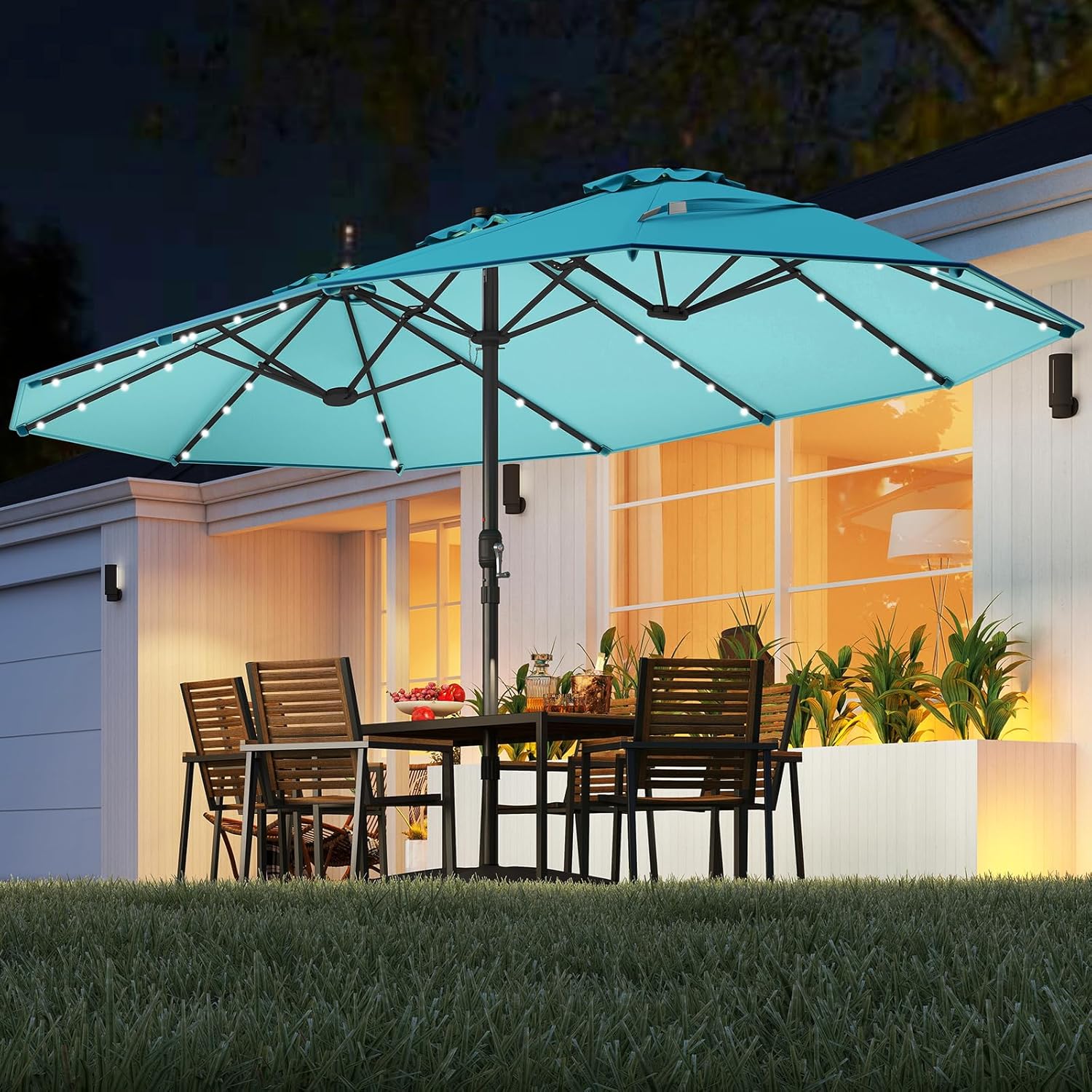 Outdoor Furniture With Umbrella - 15FT Double-Sided Solar Patio Umbrella, Extra-Large